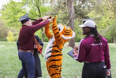 Thomas the Tiger, Doane's mascot, gives a double high-five to Brandon Antesberger after the university's spring 2023 afternoon commencement ceremony. Antesberger still wears his cap and tassel, unknowingly high-fiving a fellow graduate, Trey Porter, who served as Doane's mascot from 2019-2023.
